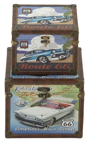 62290 Classic Cars Route 66 Canvas Wood Square Storage Box Set of 2 by Benzara