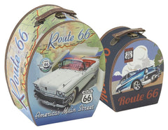 62291 Classic Cars Route 66 Canvas Wood Travel Hat Box Storage Set of 2 by Benzara