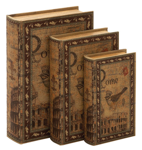 66755 Rome Italy Canvas Wood Faux Book Box Storage Set/3 by Benzara