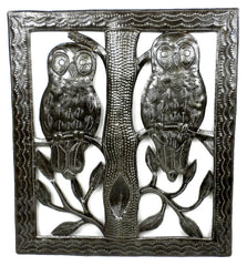 HMDSQUARE-D7-534033 Two Owls in a Tree Oil Drum Metal Wall Art 11x12" | Haiti Fair Trade by Global Crafts