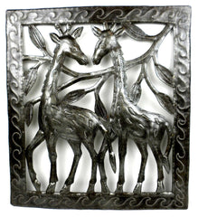 HMDSQUARE-D8-534034 Two Giraffes under a Tree Oil Drum Metal Art 11x12" | Haiti Fair Trade by Global Crafts