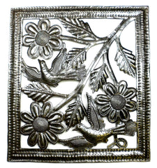 HMDSQUARE-D6-534032 Two Birds on Flowers Oil Drum Metal Wall Art 11x12" | Haiti Fair Trade by Global Crafts