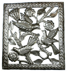 HMDSQUARE-D4-534030 Three Birds on Flower Stems Oil Drum Art 11x12" | Haiti Fair Trade by Global Crafts