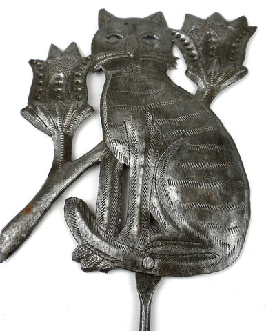 HMDYCAT-534039 Cat with Flowers Garden Stake Oil Drum Metal Art | Haiti Fair Trade by Global Crafts