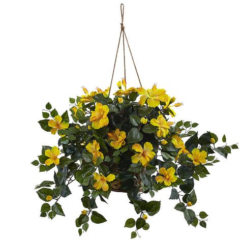 6866-YL Hibiscus Silk Hanging Plant with Basket by Nearly Natural | 22 inches