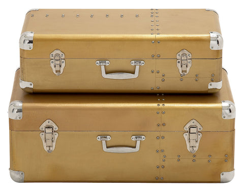 70980 Riveted Style Aluminum Wood Suitcase Storage Box Set of 2 by Benzara