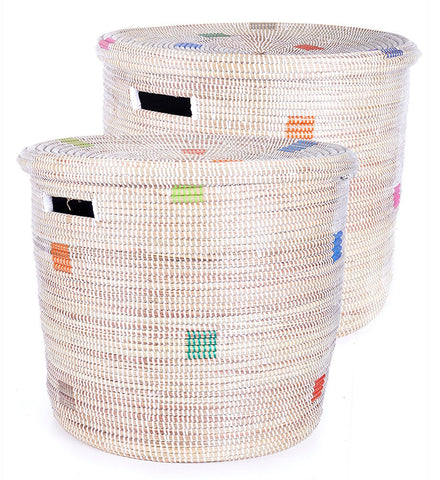 sen47q White with Rainbow Dots Set of 2 Nesting Baobob Lidded Storage Baskets | Senegal Fair Trade by Swahili Imports