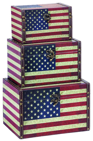 72196 American Flag Canvas Wood Faux Leather Storage Box Set of 3 by Benzara