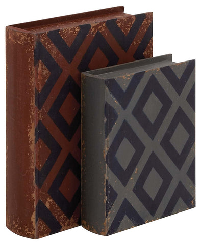 76171 Diamond Pattern Faux Leather Wood Book Box Storage Set/2 by Benzara