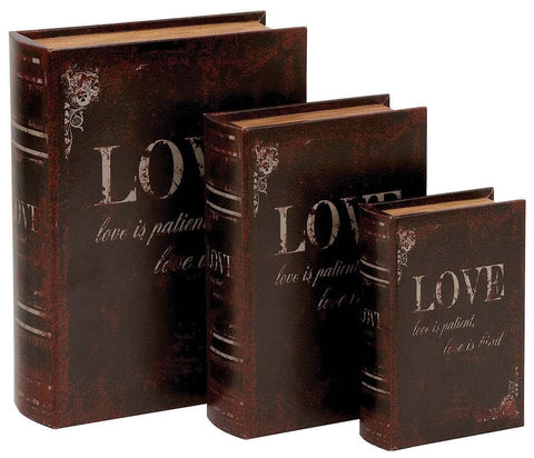 59380 Love is ... Faux Leather Wood Book Box Storage Set/3 by Benzara