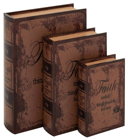 59386 Faith Faux Leather Wood Book Box Storage Set/3 by Benzara