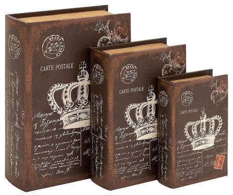 54192 French Crown Postcards Faux Leather Wood Book Box Set/3 by Benzara
