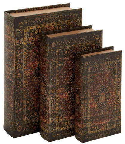 50257 Persian Design Canvas Wood Faux Book Box Storage Set/3 by Benzara