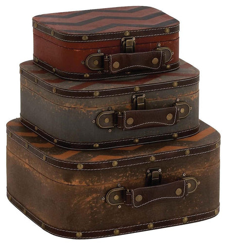 76166 Zig Zag Pattern Faux Leather Wood Suitcase Storage Box Set of 3 by Benzara