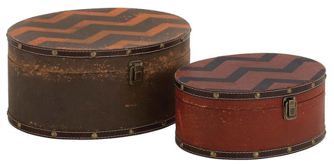 76168 Zig Zag Pattern Faux Leather Wood Oval Storage Box Set of 2 by Benzara