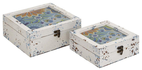 76182 Distressed Floral Design Wood Vinyl Square Box Set/2 by Benzara