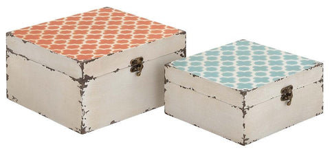 34945 Quatrefoil Pattern Wood Vinyl Square Storage Box Set/2 by Benzara