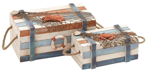 78707 Nautical Crab Life Ring Wood Rope Rectangular Box Set/2 by Benzara