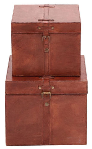 95910 Smooth Reddish Brown Leather Wood Square Storage Box Set/2 by Benzara