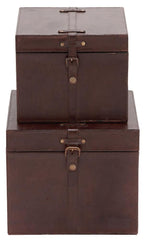 95911 Smooth Brown Leather Wood Square Storage Box Set/2 by Benzara