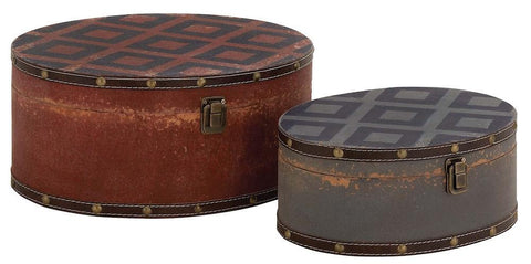 76169 Diamond Pattern Faux Leather Wood Oval Storage Box Set/2 by Benzara