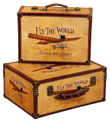 72767 Fly the World Canvas Wood Faux Leather Suitcase Box Set/2 by Benzara