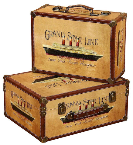 72768 Grand Star Line Canvas Wood Faux Leather Suitcase Box Set/2 by Benzara