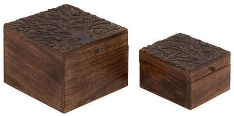 14447 Carved Tree Wood Square Storage Box Set/2 by Benzara