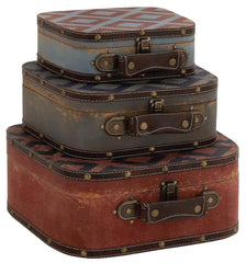 76167 Diamond Pattern Faux Leather Wood Suitcase Box Set/3 by Benzara