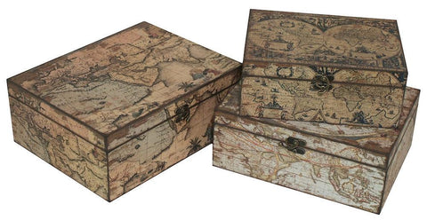 HRT-856476 Old World Maps Wood Rectangular Storage Box Set/3 by Benzara