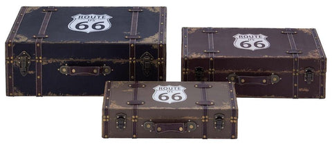 93963 Route 66 Faux Leather Wood Suitcase Storage Box Set/3 by Benzara