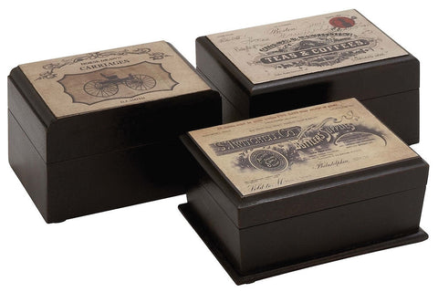24943 Antique Label Wood Rectangular Storage Box Set/3 by Benzara