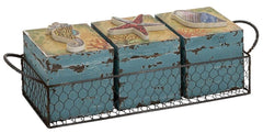 76184 Sea Life Vanity Wood Storage Box Set/4 in Metal Basket by Benzara