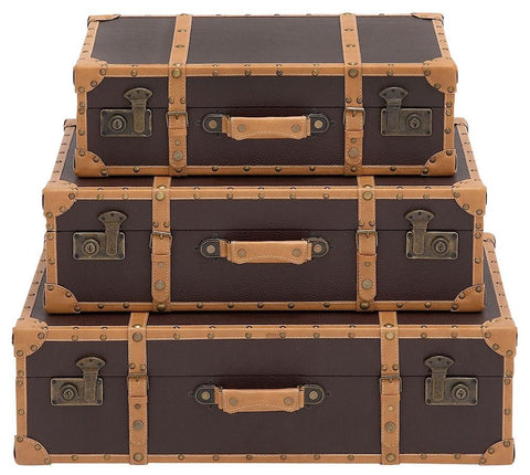 86882 Gray and Brown Faux Leather Wood Suitcase Trunk Set/3 by Benzara