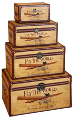 72770 Fly the World Canvas Wood Faux Leather Storage Trunk Set/4 by Benzara