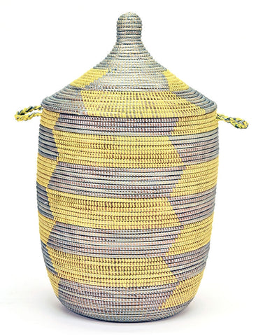 sen10v Yellow & Silver Chevron Medium Traditional Hamper Storage Basket | Senegal Fair Trade by Swahili Imports