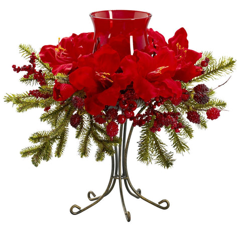 4927 Amaryllis Artificial Holiday Candelabrum by Nearly Natural | 17 inches