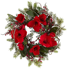 4811 Amaryllis Artificial Silk Holiday Wreath by Nearly Natural | 24 inches