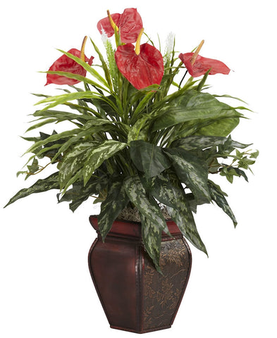 Anthurium & Mixed Greens Silk Plant with Wood Planter | 26 inches