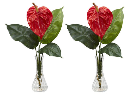1286 Anthurium Set/2 Silk Flowers in Vases by Nearly Natural | 14.5 inches
