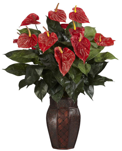 6666 Anthurium Silk Plant with Wood Vase by Nearly Natural | 30 inches