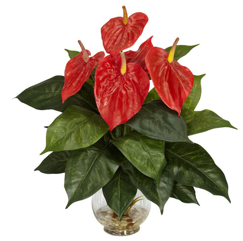 6668 Anthurium Silk Flowers in Water w/Vase by Nearly Natural | 17.5 inches