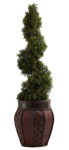 5926 Cedar Silk Spiral Topiary with Planter by Nearly Natural | 31 inches