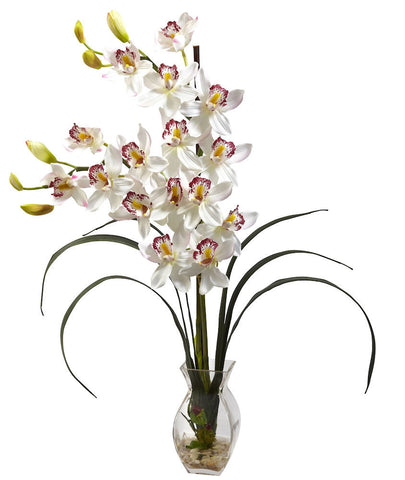 1293-WH White Silk Cymbidium Orchids in Water in 2 colors by Nearly Natural | 28"