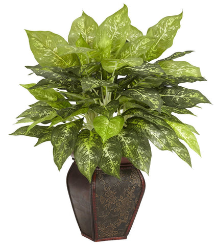 Dieffenbachia Silk Plant with Square Wood Planter | 23 inches