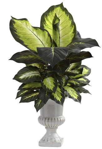 6776 Dieffenbachia Silk Plant with White Urn by Nearly Natural | 30 inches