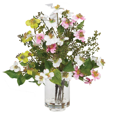 4687 Dogwood Silk Flowers in Water with Vase by Nearly Natural | 15 inches