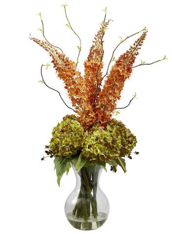 1302 Silk Foxtail & Hydrangea in Water w/Vase by Nearly Natural | 32 inches