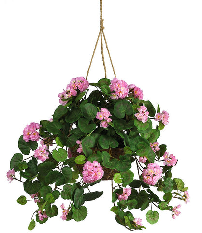 6609-PK Pink Silk Geranium Hanging Basket in 2 colors by Nearly Natural | 32 inches