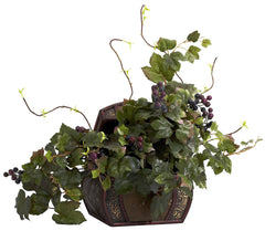 6682 Grape Leaf Silk Arrangement with Chest by Nearly Natural | 20 inches